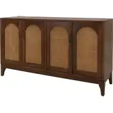 Chantilly 4 Door Buffet Sideboard in Walnut Brown Finish Wood & Rattan